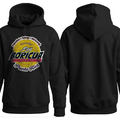 Black hoodie with 'El Boricua Puerto Rico' graphic on a white background