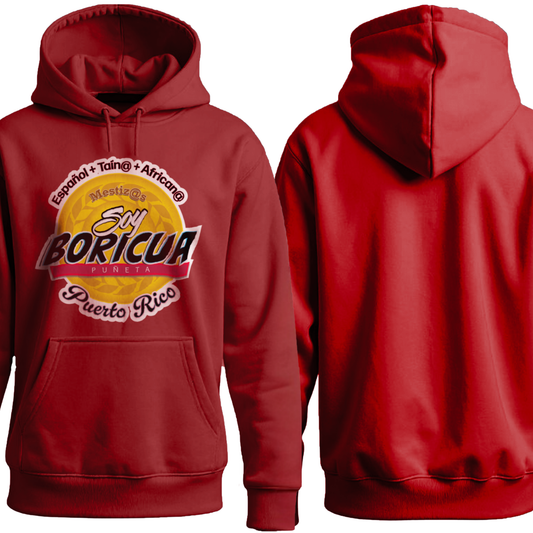 Red hoodie with 'El Boricua' logo on the front, shown from front and back views.