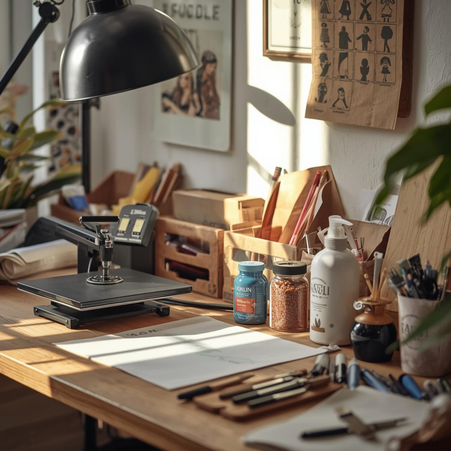 Desk with stationery items and a lamp in a bright room